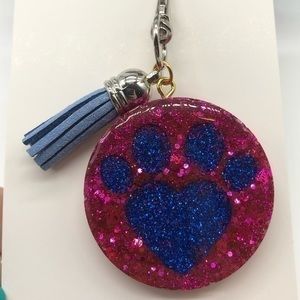 Handmade Pink Dog Cat Paw Print Key Chain, Animal Lover Pet, Blue Glitter